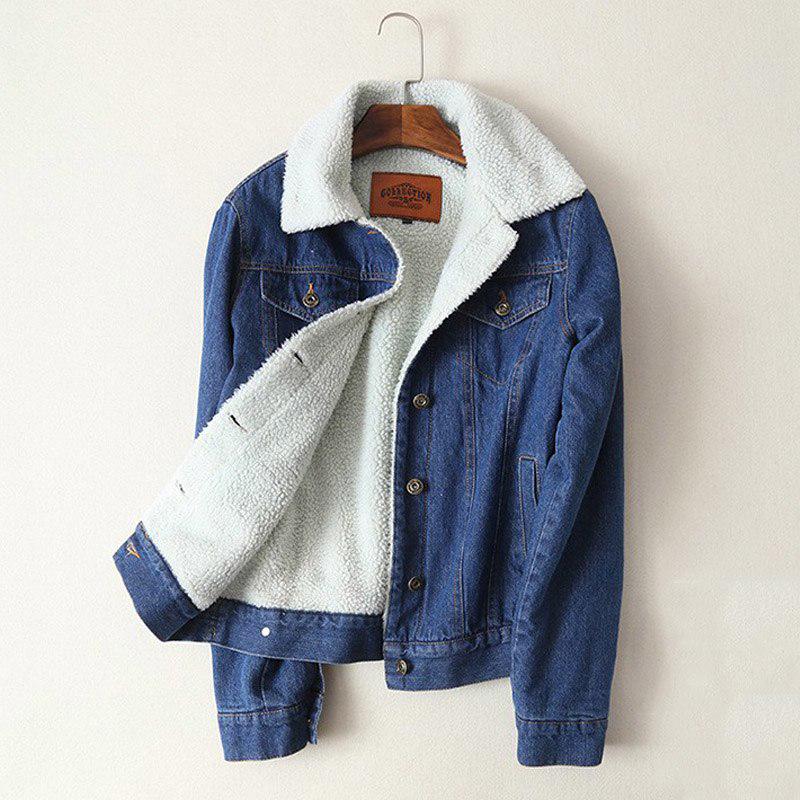 

Женская осенняя куртка с отложным воротником из овечьей шерсти, женская джинсовая куртка, верхняя одежда, женское пальто S джинсовый синий