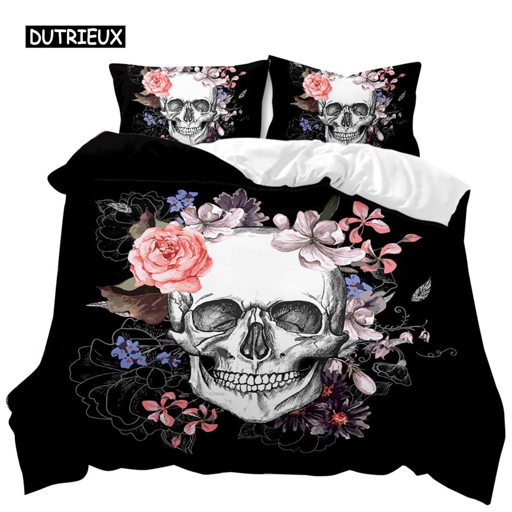 Skull Duvet Cover Set Queen 3D Skeleton Floral Skull Pattern Printed Bedding Qulit Cover Gothic Microfiber Bedding Queen Size