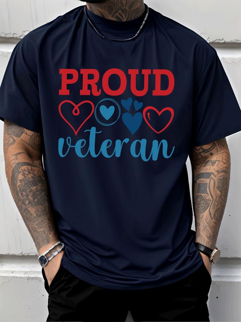 Unisex Summer Cotton Short Sleeve T Shirt Proud Veteran Red Blue Heart Print Crew Neck Patriotic Military Casual Street Male Tee