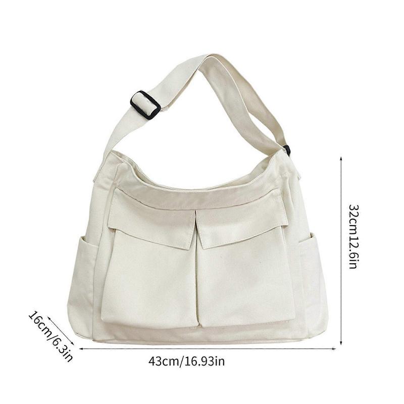 Large Capacity Canvas Tote Bag with Multi Pockets Crossbody Handbag Shoulder Bags School Messenger Bag for Women Men White less