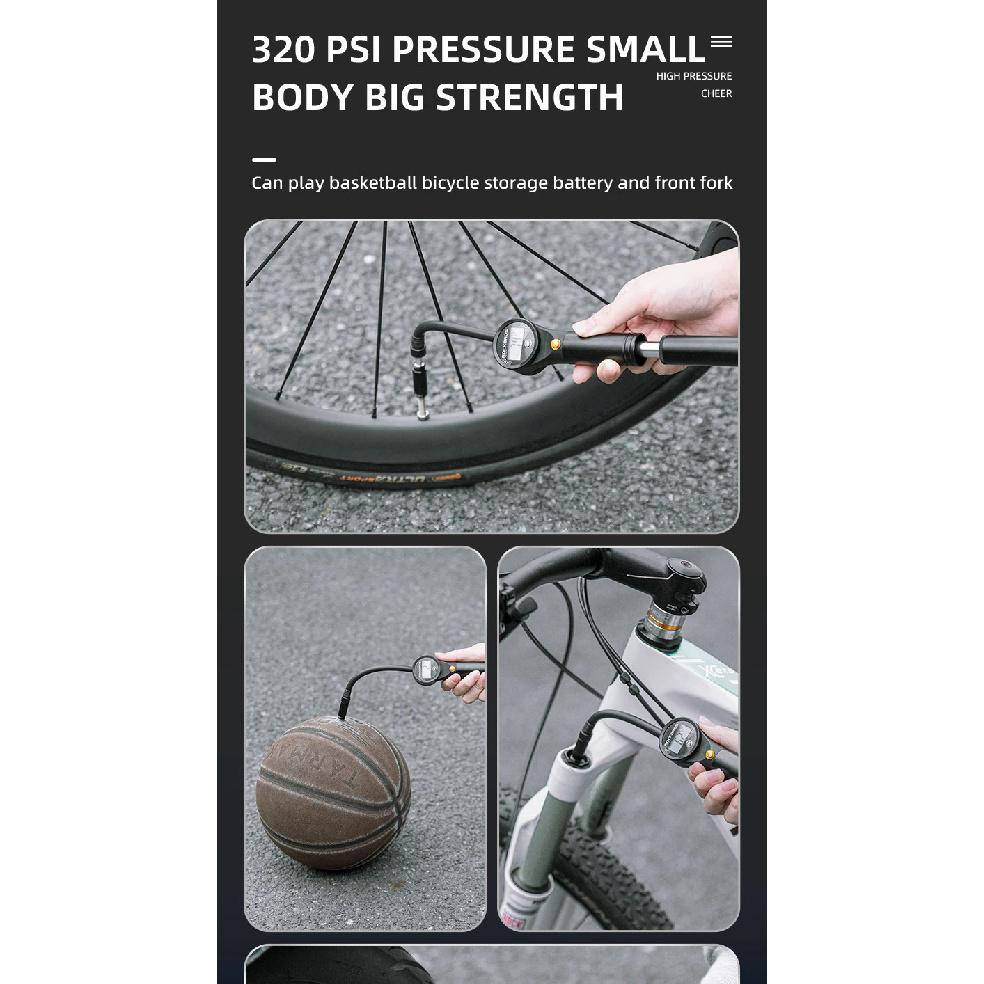 ROCKBROS Bicycle Pump 320PSI High Pressure Two-stroke Portable With Electronic Pressure Gauge Inflator MTB Road Bike Accessories