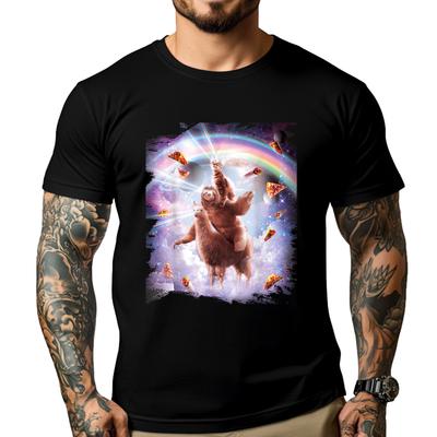 Laser Eyes Space Cat Riding Sloth Llama  Rainbow Shirts Graphic Tee White T Shirt Men