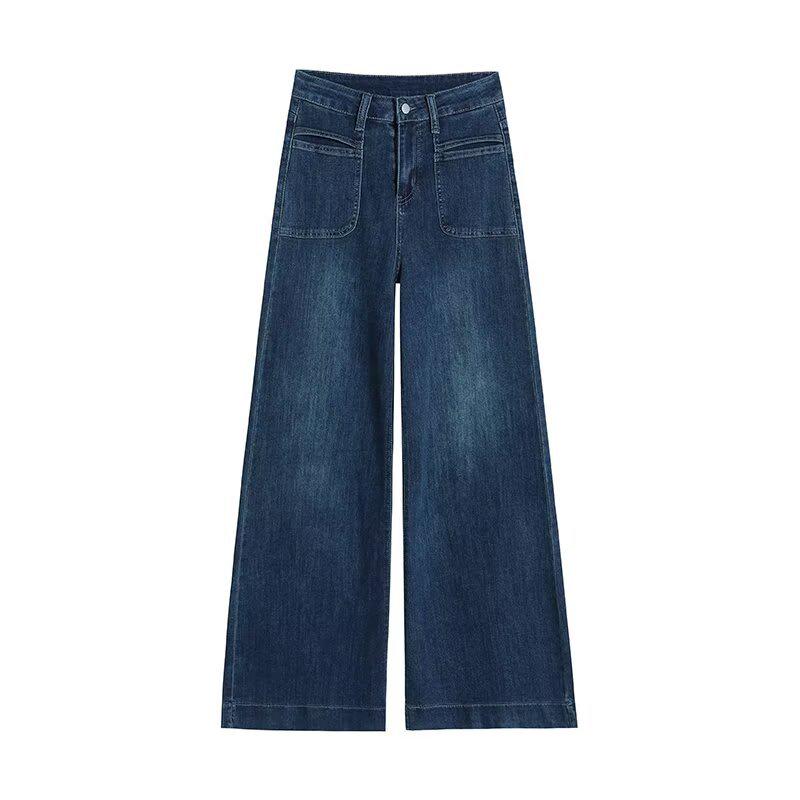 Women's Retro Blue High Waist Wide Leg Jeans - Petite, Loose, Straight Floor-Length for Spring and Autumn