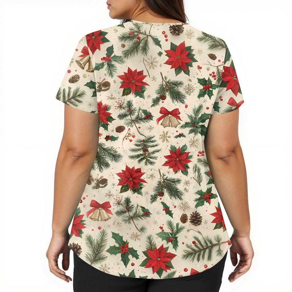 Women's Fashion V-neck Short Sleeve Workwear With Pockets Christmas Printed Tops