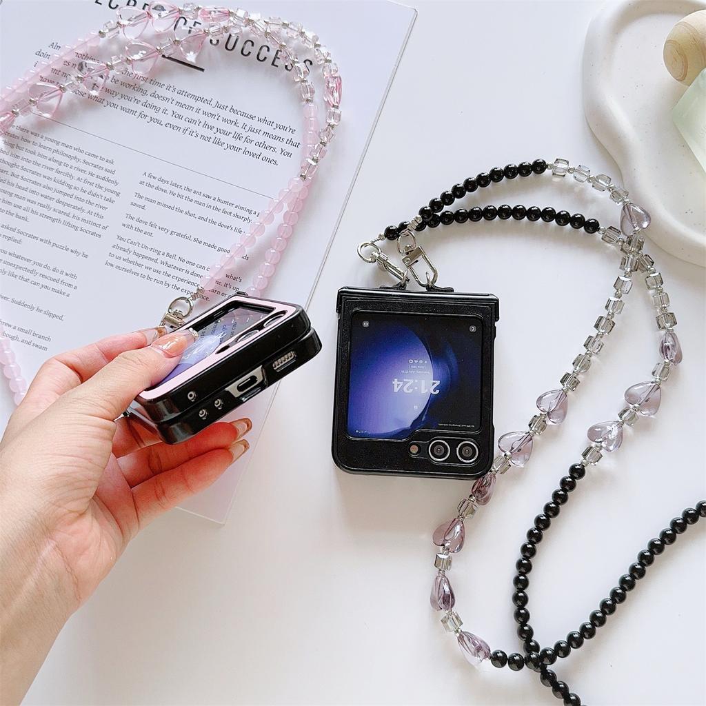 For Samsung Galaxy Z Flip7 FE 5G/Z Flip6 5G Case Heart Pattern Leather+PC Phone Cover with Crossbody Beaded Strap