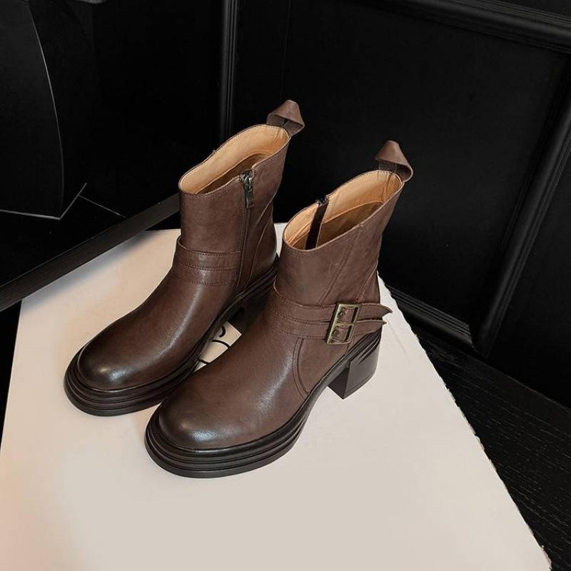 New Women's Leather Boots Leather Mid-heel Thick-soled Non-slip Martin Boots Autumn and Winter Side Zipper Large Size Cowhide Low Boots