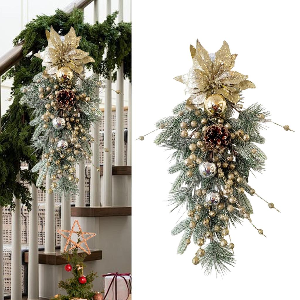 Christmas Teardrop Swag Wreath Green Leaves Christmas Decoration for Front Door for Home Fireplace Holiday Party Garden