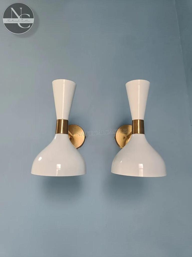 Mid Century Brass Diabolo Wall Sconce Pair: Stilnovo Style Vanity Lights