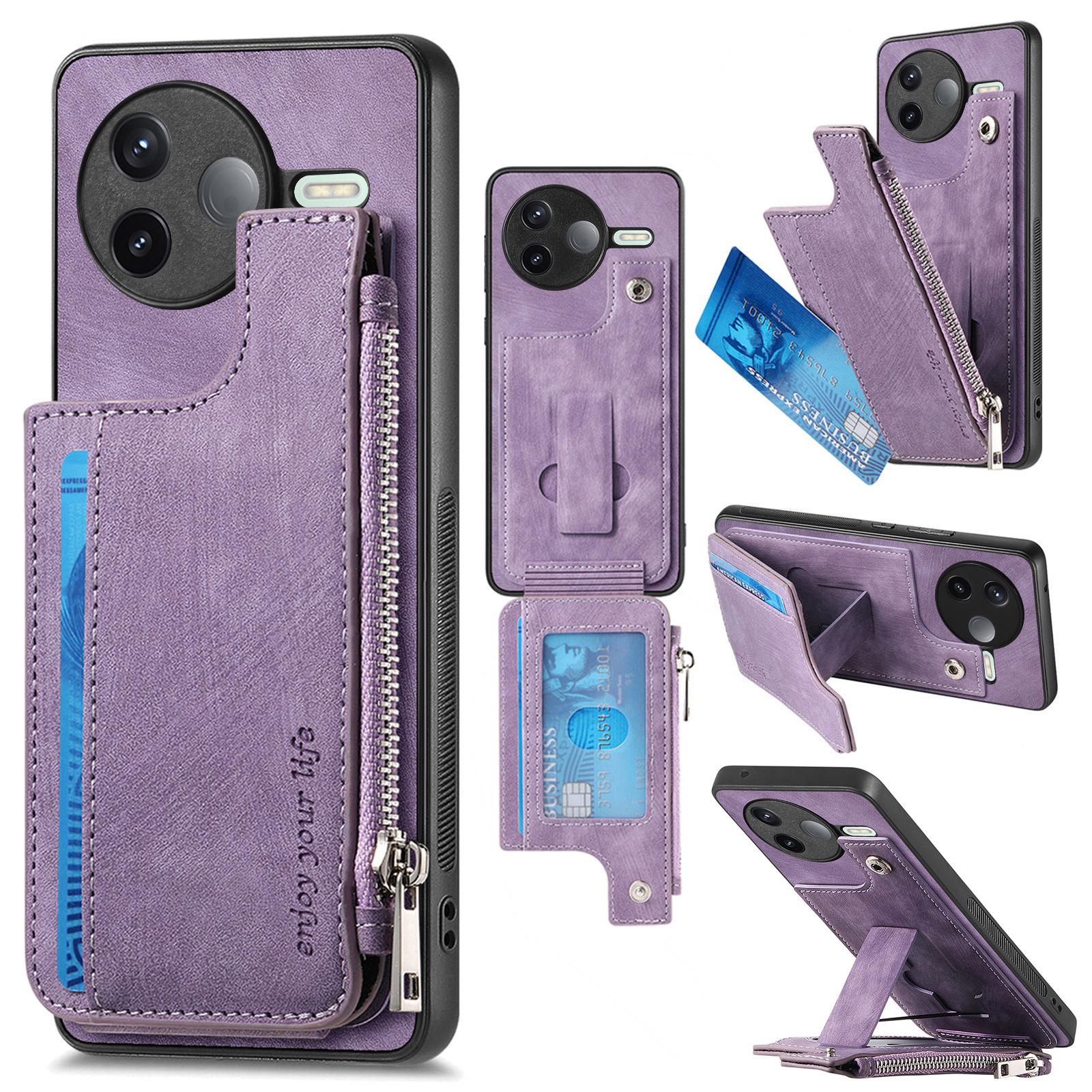 

For Xiaomi Poco F7 Pro 5G/Xiaomi Redmi K80 5G Case Zipper Card Holder Kickstand Leather+PC+TPU Phone Cover Purple