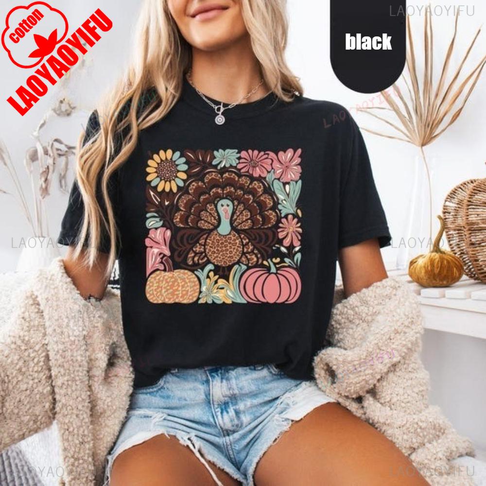 Floral Turkey TShirt Thanksgiving Boho Tee Creative Design Art Aesthetics Shirt Thanksgiving Turkey Tops Women Casual Cotton T