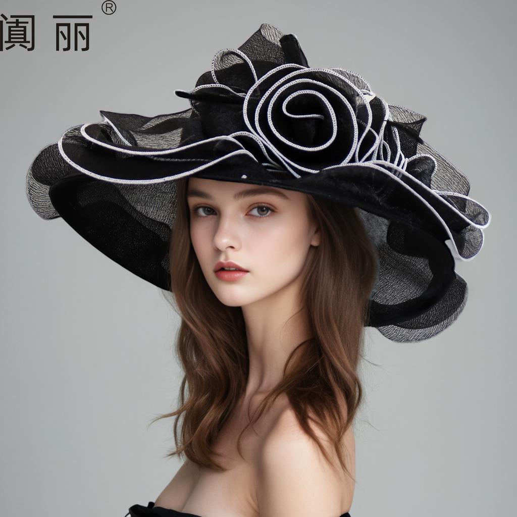 European and American Fashion Organza Hat Women's Summer Elegant Flower Fashion Big Edge Cool Hat Beach Sunscreen Sun Hat Tide