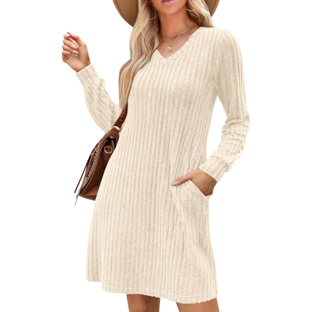 Womens V Neck Fall Dresses Long Sleeve Casual Sweater Short Dress Fashion Clothes