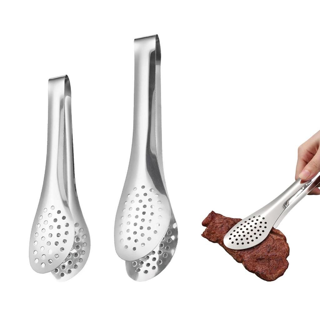 Liroyal Kitchen Tongs (Set of 2) - Frying Tongs, Stainless Steel, Heat-Resistant, Perforated, Perfect for Grilling, BBQs, and Salads