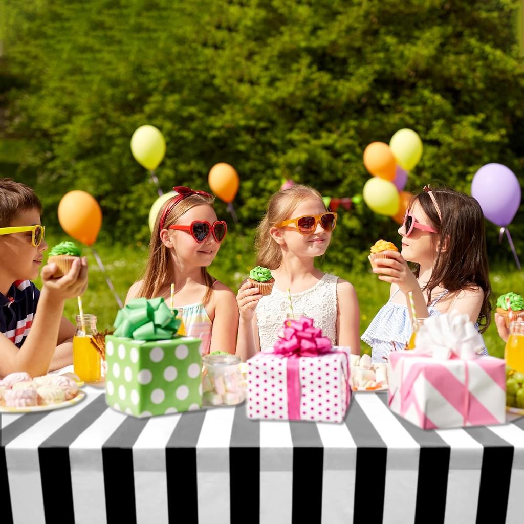 peony man 2 Pieces Black and White Striped Tablecloth Plastic Stripe Table Cover Waterproof Rectangle Tablecloth for Holiday Party Picnic Decoration