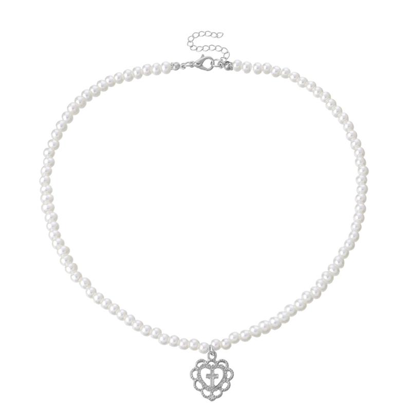 

Beautiful Pearl Clavicle Chain Necklace Retro Girl Hollow Love for Cross Pendant Chocker Jewelry Gift for Women Girls Br 1 срібний