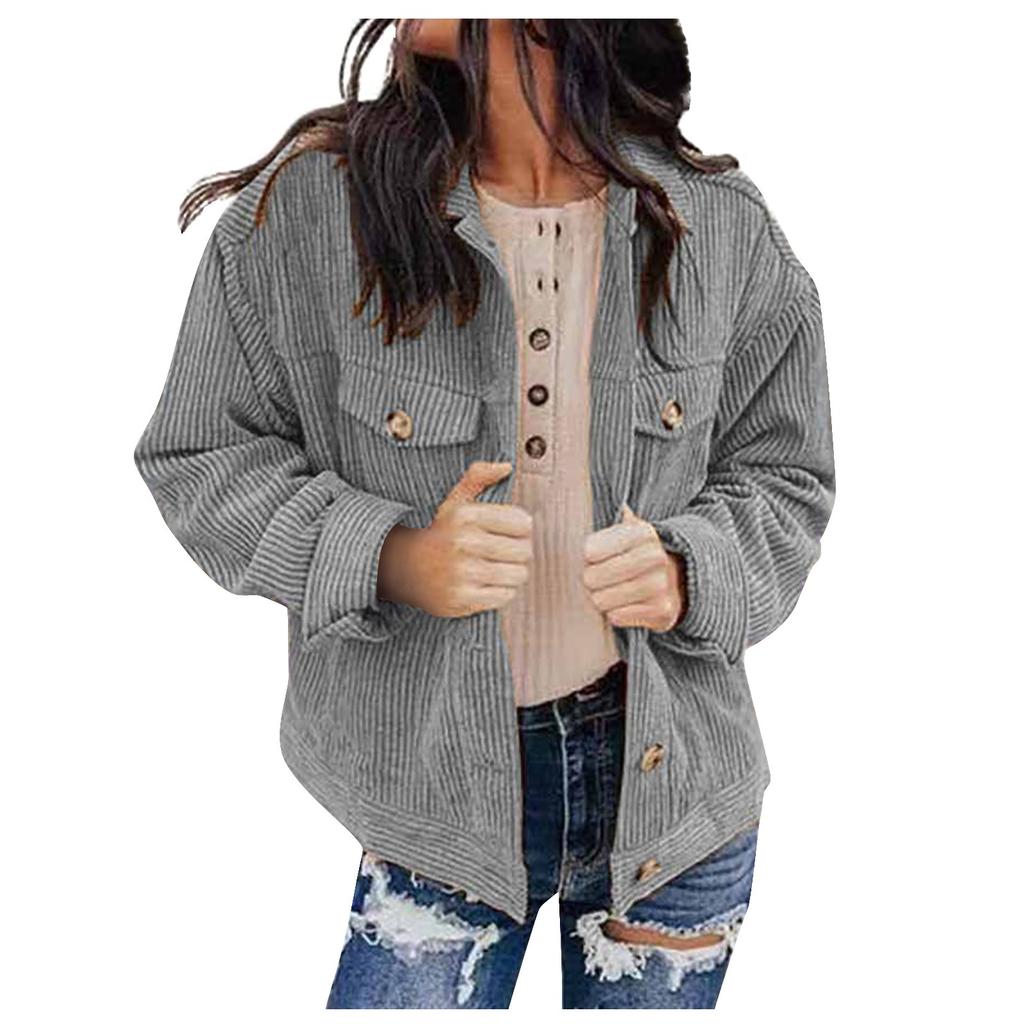 Women's  And Winter Loose Corduroy Lapel Double Pockets Long-Sleeved Shirt Jacket