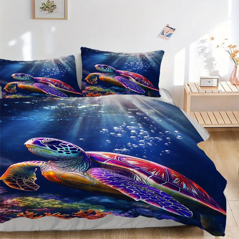 3pcs Sea Turtle Print Duvet Cover Set, Cover For Bedroom Guest Room (1 Duvet Cover + 2 Pillowcase, Without Quilt),  yy250922100