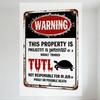 Vintage Weathered Metal Warning Sign - Rusty Aged Property Sign with Turtle Illustration 'WARNING THIS PROPERTY IS...' Retro Tin