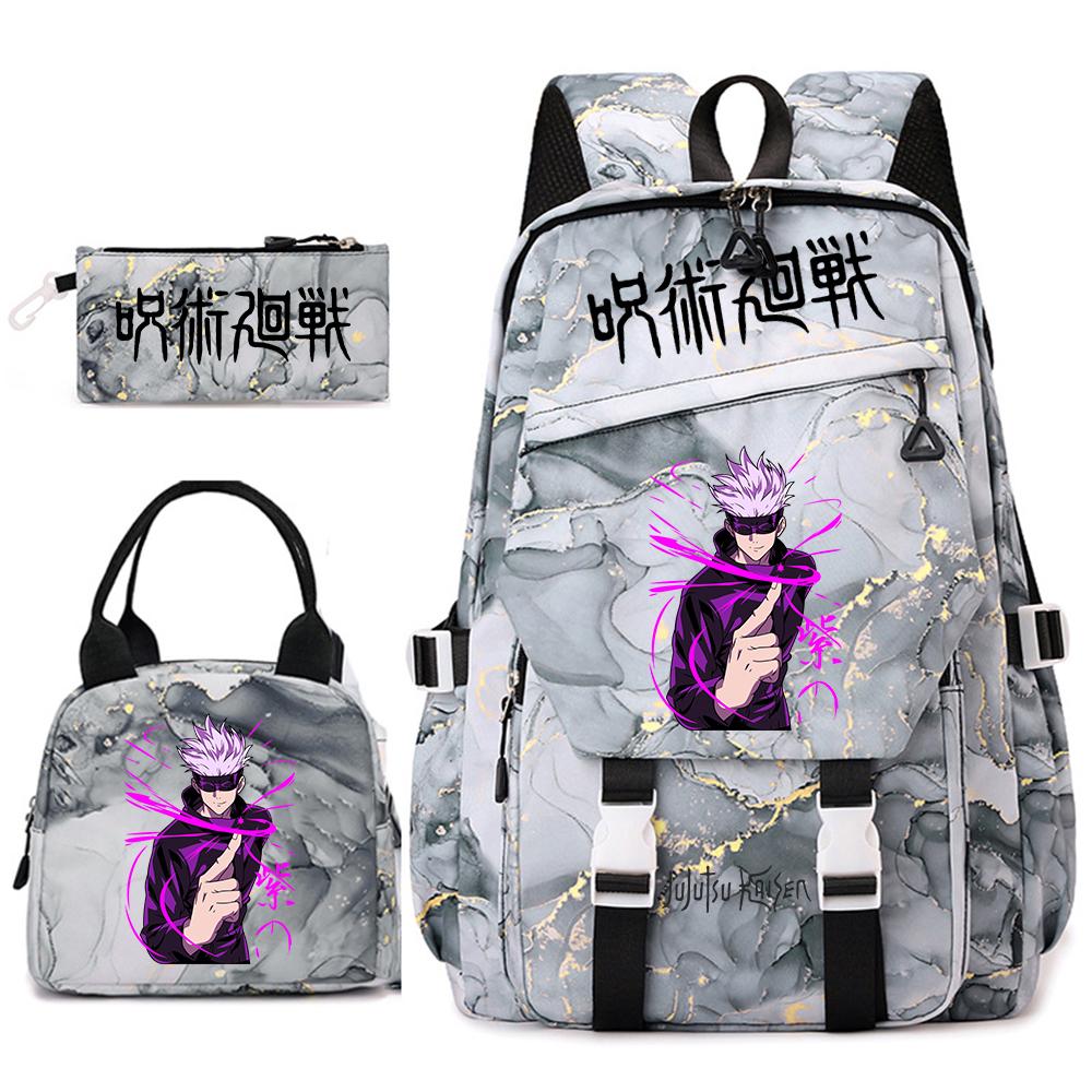 Anime Jujutsu Kaisen Backpack Set for Girls 3pcs School Bookbag Lunch Bag Pencil Case Casual Travel Rucksack