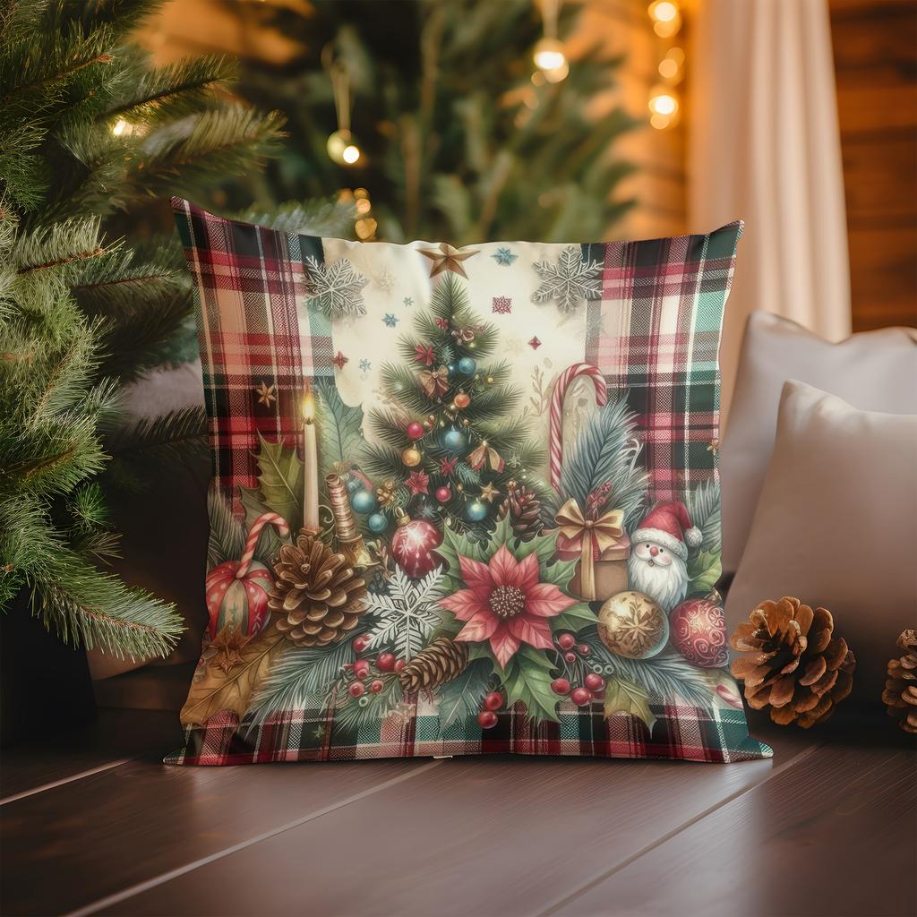 Home Decor Christmas Plaid Pattern With Festive Decorations Pattern Cushion Cover Suitable For Sofa Bedroom Car Pillow Cover