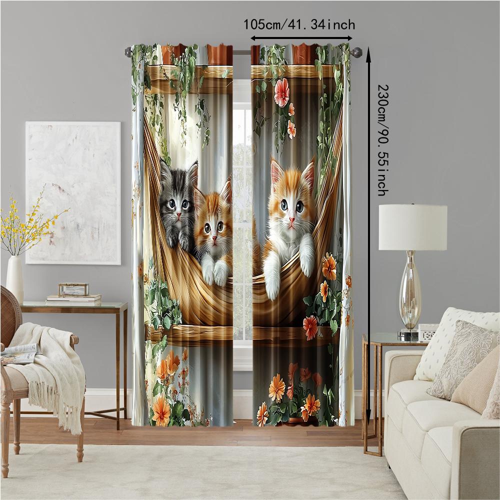 Versatile Polyester Transparent Curtains Home Decoration Fun Animal Cat Use Bedrooms Living Rooms Curtain Set Of 2 Made Washable Room Ready