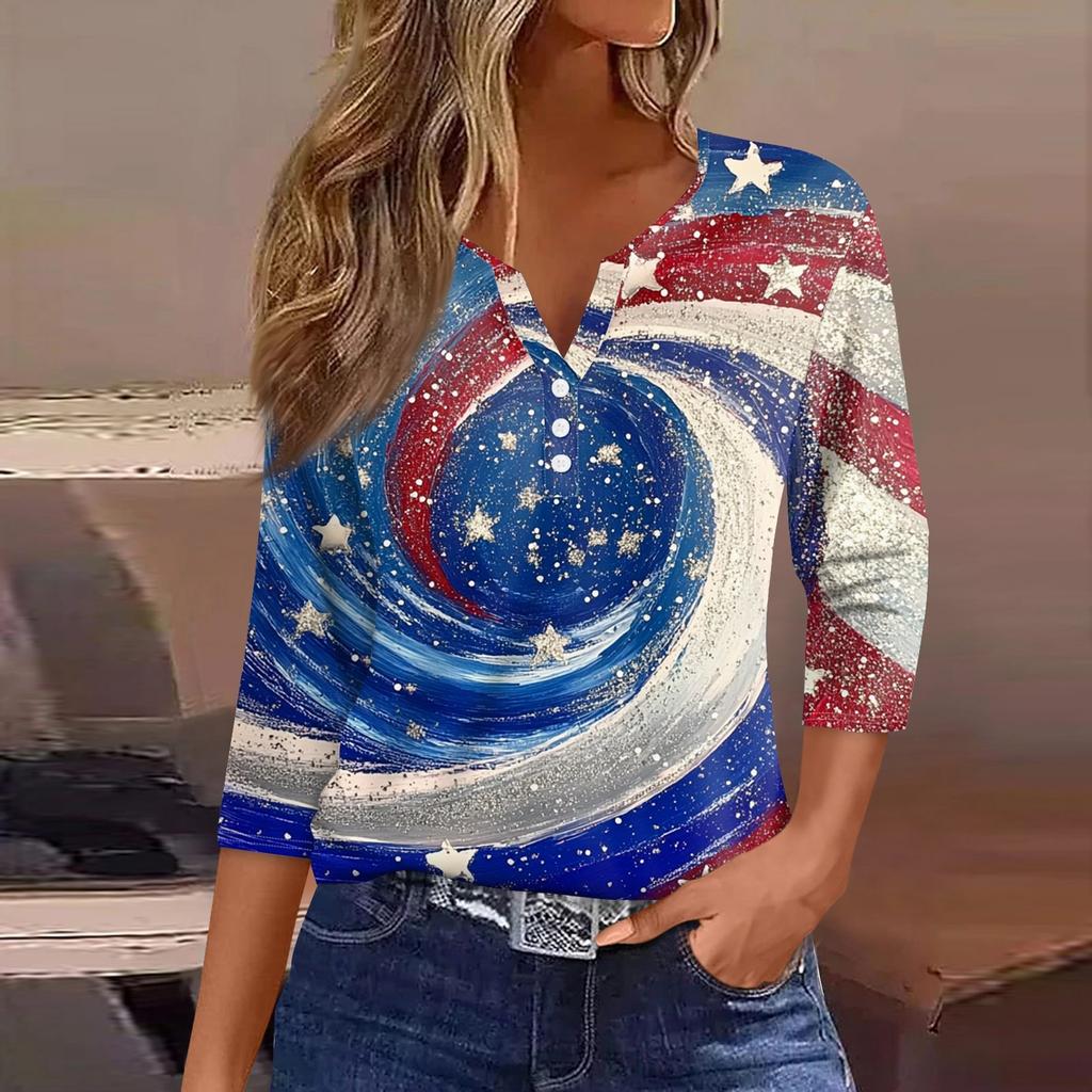 Dam T-shirt Tee Självständighetsdagen Tryckt Knapp 3/4 Ärm Tunika Vardag Helg Mode Grundläggande V-ringning Normal Topp