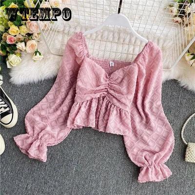 V-neck Chiffon Shirt Two-wear Solid Color Top Waist Pleated Cropped