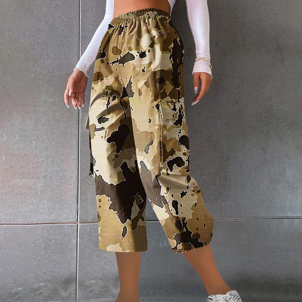 Ladies' Casual Work Pants With Elastic Waistband And Camouflage Printed Cropped Pants