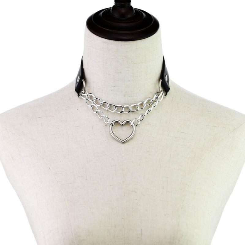 Heart Choker Collar For Women Goth Accessoies Black Leather Chain Chockers Gothic Punk Grunge Emo Necklace Jewelry