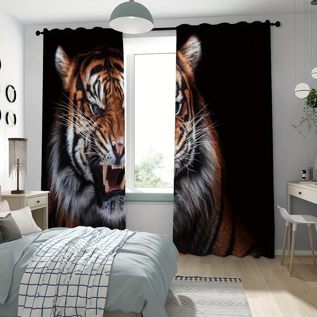 2pcs White Tiger Style Printed Curtain For Home Decor Rod Pocket Window Treatment For Bedroom Office Kitchen Living Room Study