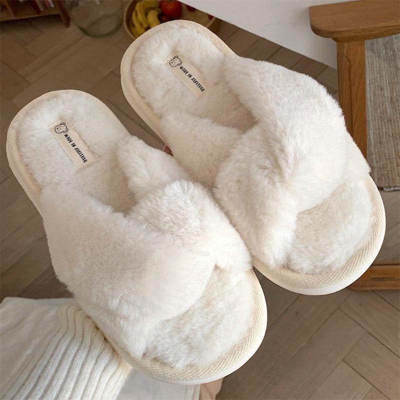 

Fashionable and Simple Cross-lined Cotton Slippers, Women s Casual Home Indoor Warm Plush Shoes 36-37 молочный белый