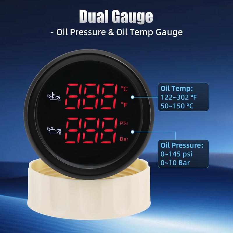 50~150 Celsius Oil Temperature Gauge + 0-10 Bar Oil Pressure Gauge 2 IN 1 Car Gauge with Sensor Red backlight for 12v/24v