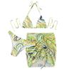 Women's Summer Fashion Sexy Texture Printing Backless Lace-up  Waist Pleated Knotted Bikini Three-pieces Swimsuit