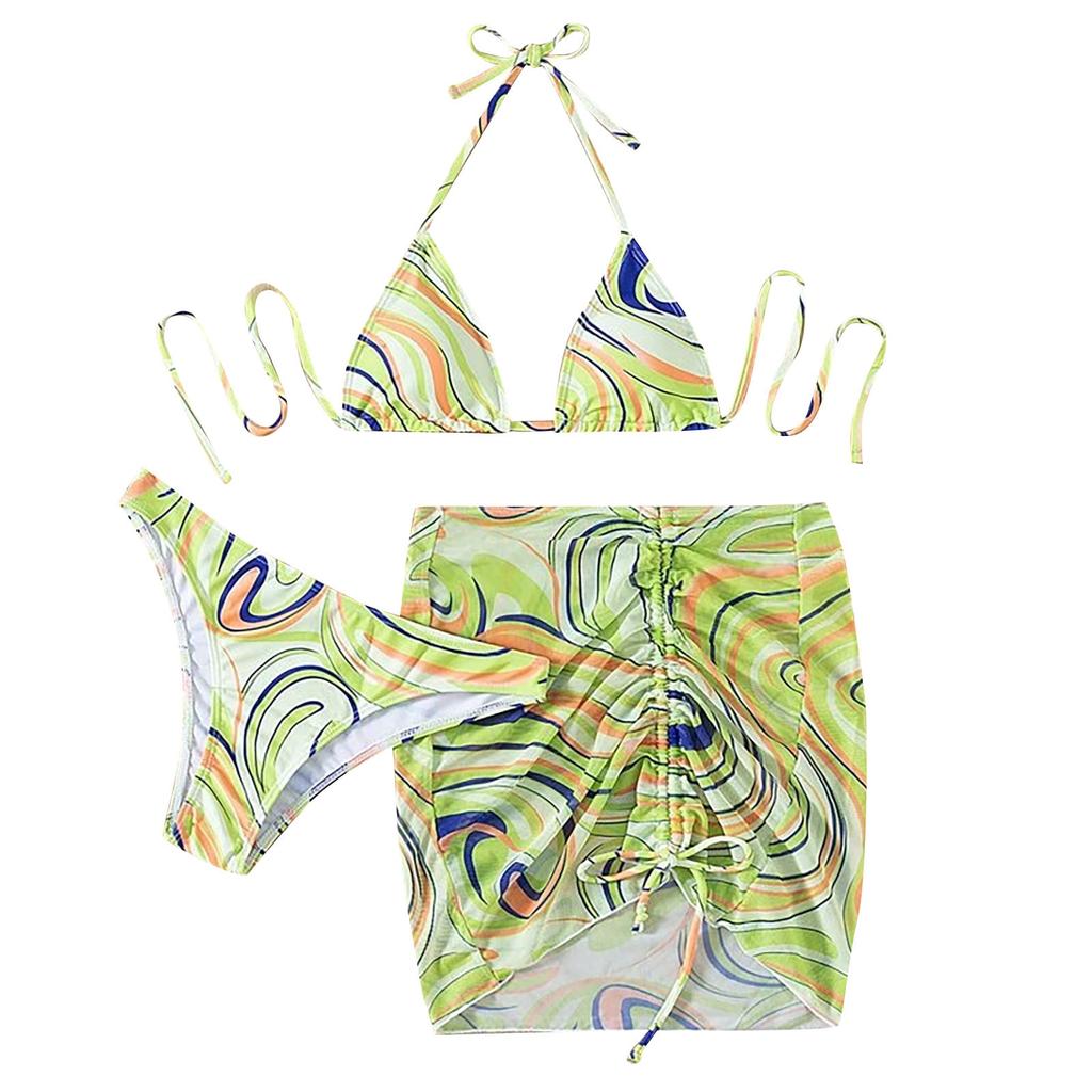 Women's Summer Fashion Sexy Texture Printing Backless Lace-up  Waist Pleated Knotted Bikini Three-pieces Swimsuit