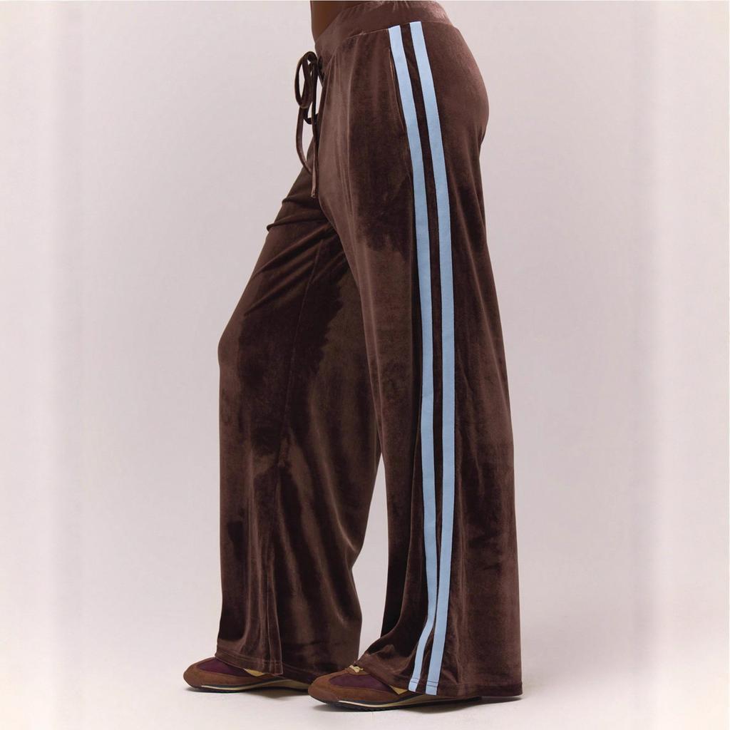 Damskie spodnie dresowe z szerokimi nogawkami, z aksamitnymi lampasami po bokach, koronkowym paskiem, elastyczną talią, do biegania, casualowe, domowe, damskie, kolor karmelowy