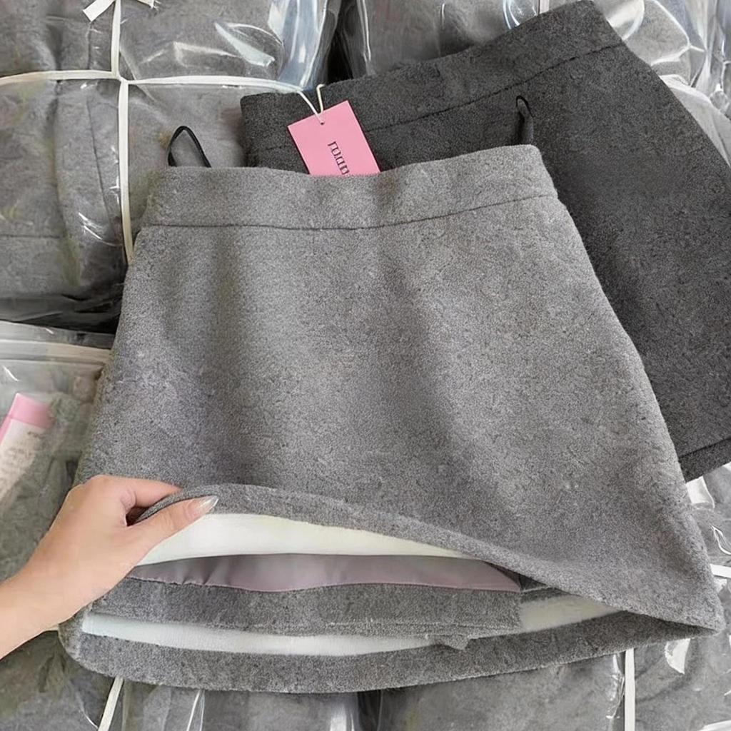 Women's High Waist Gray Wool Blend A-line Skirt - Petite Plus, Autumn/Winter 2026 Collection, Elastic Hip Wrap, Short Length