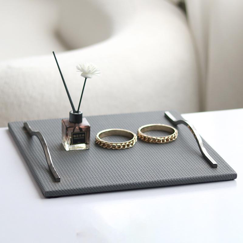 Light Luxury Rectangular Woven Leather Tray Decorative Ornaments Art Handle Storage Tray Model Room with Display Accessories
