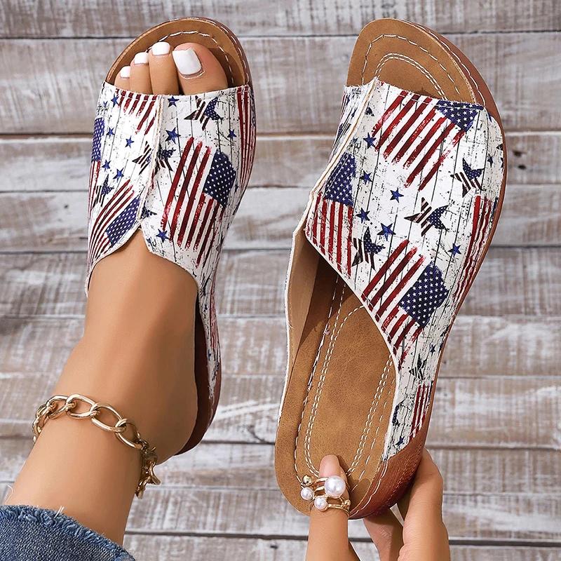 Fashion Star&stripe Platform Slippers for Women Open Toe Thick Bottom Slides Woman Summer Pu Leather Non-Slip Beach Flip Flops Female