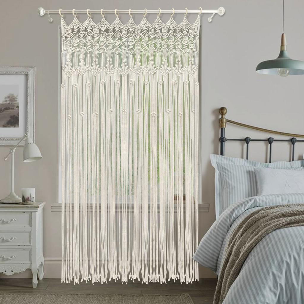 Bohemian Woven Cotton Curtain with Wood Rings, White Yarn Doorway Window Drape, 120x195cm Long Decorative Panel for Backdrop