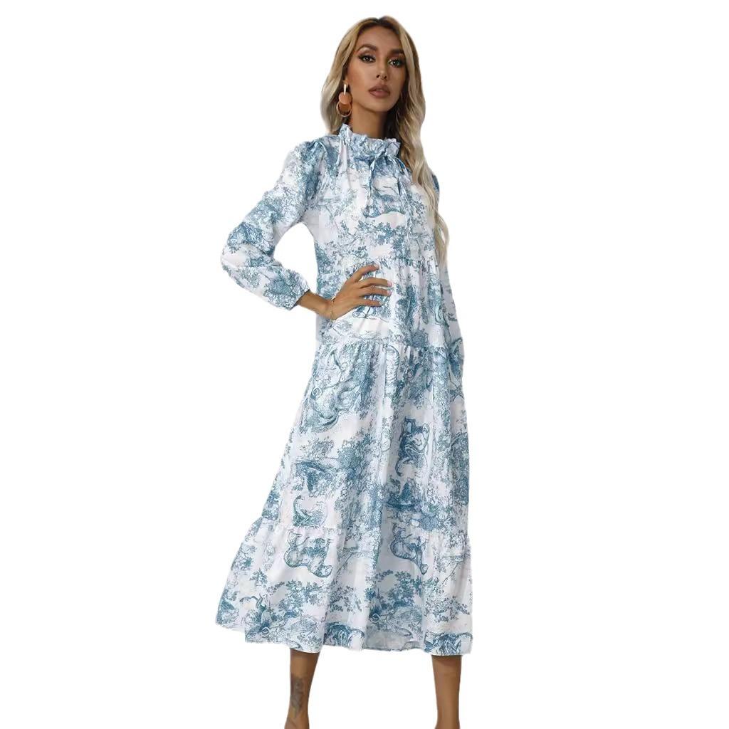 Women's Crew Neck Printed Loose Nine-Sleeve Dress