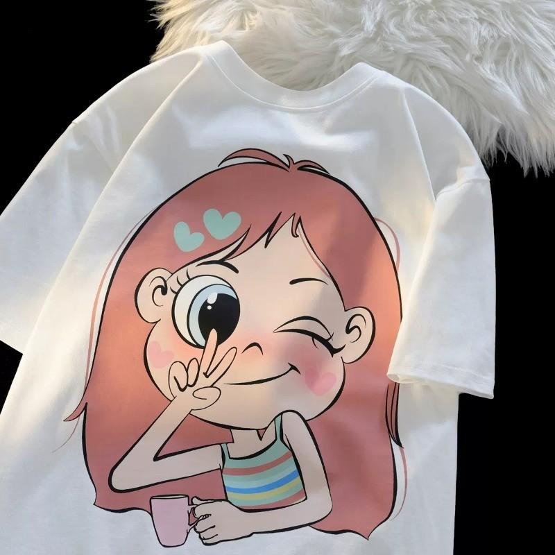 American Retro Cartoon Girl Print Summer Loose Unisex Crew Neck Shortsleeved Tshirt Top S