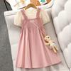 Girls Fake Two-Layer Sundress – Spliced T-Shirt Style Casual Princess Gown, Soft Breathable Summer Dress for Kids