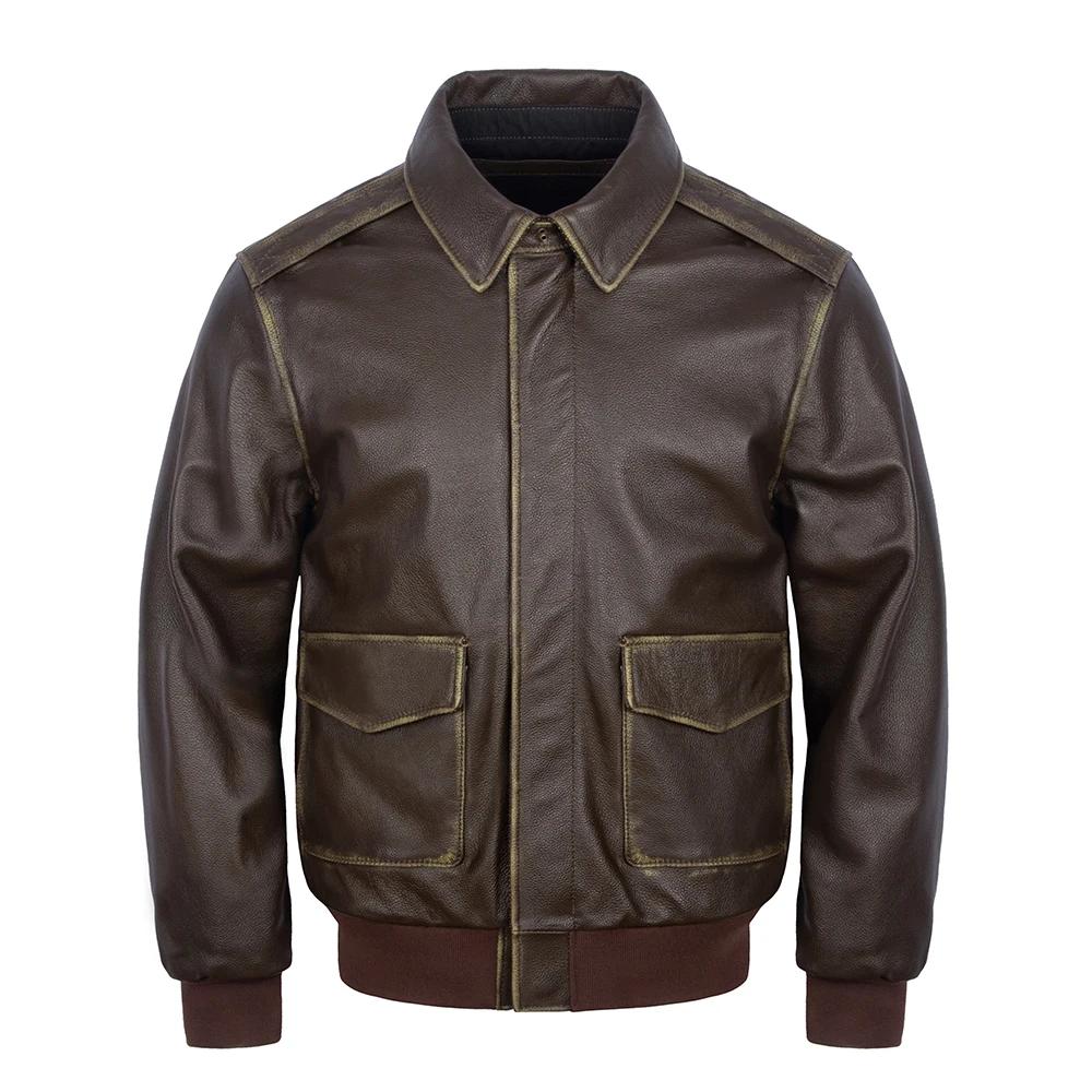Genuine Leather Jacket Men Real Cow Skin Coat Classic Flight A2 Jackets Men Green Olive Leather Jacket Aviator Coats Autumn S