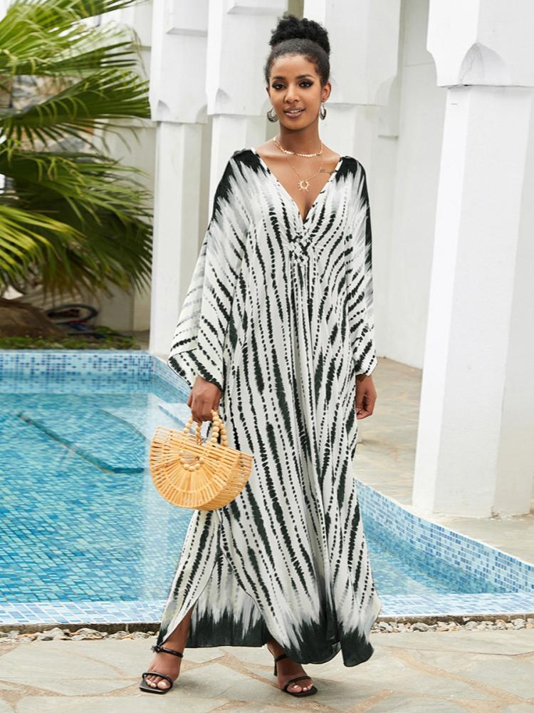 

EDOLYNSA сексуальное бикини в полоску с зеброй, повседневное летнее пляжное платье с v-образным вырезом и разрезом по бокам, женская пляжная одежда, купальный костюм, накидка Q1297 One Size древесный уголь