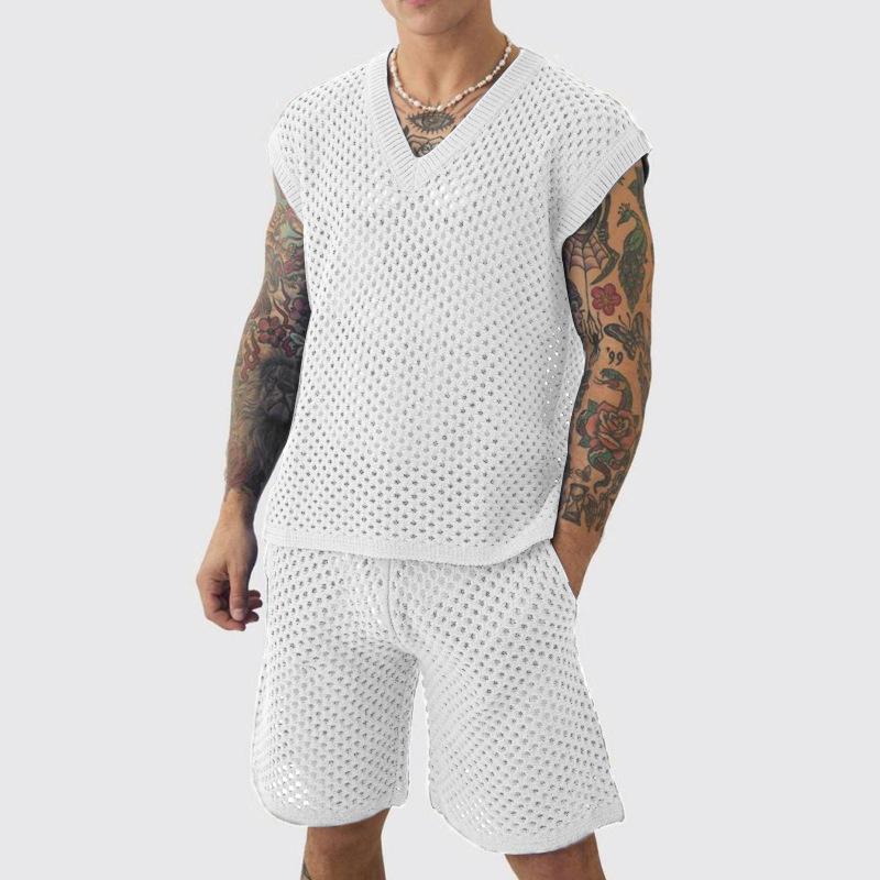 Mens Casual Crochet Mesh Two Piece Outfit Sleeveless Top And Shorts Set
