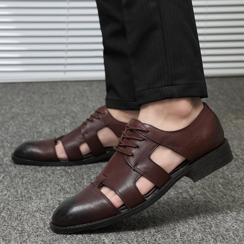 Men's hollow leather shoes punched breathable hole dad shoes business casual cowhide sandals men's shoes