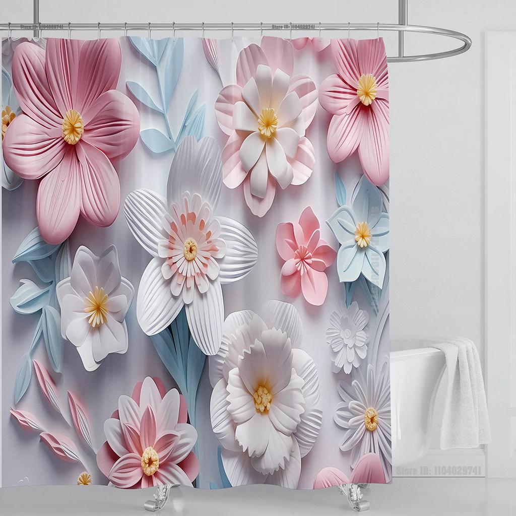 3D Floral Shower Curtain Set Orange Flower Design Fabric Bathroom Decor Waterproof Washable Shower Curtain Set With Hooks