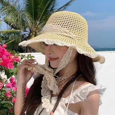 Rural Style, Tied with Ribbons, Sun Hat, Women's, Summer Seaside, Beach Vacation Style, Hollowed Out Large Brim, Sun Hat