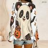 Women Plus Size V Neck Long Sleeve Halloween Panda Ghost Print Top Button Detail Curved Hem