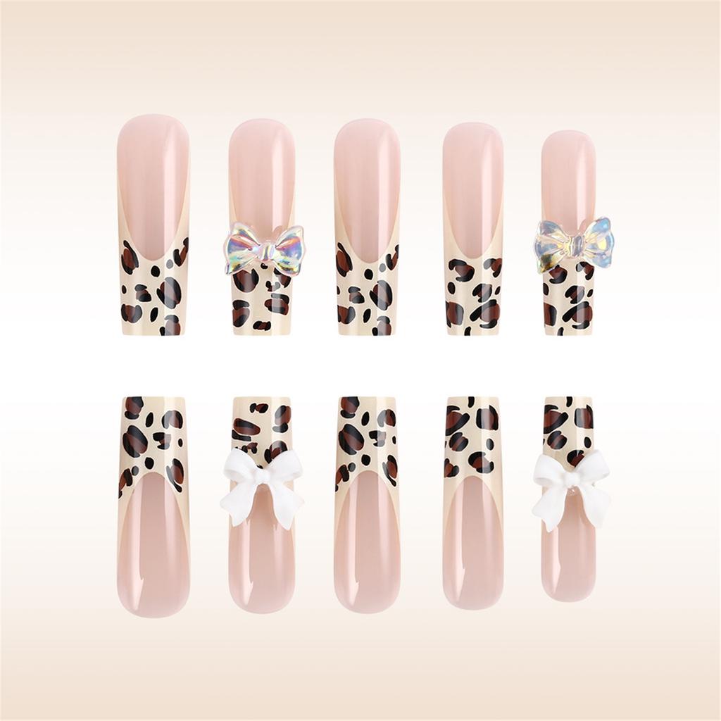 24x French Tip Aufklebenagel 3D Schleifen Vollabdeckung Falschnagel Lang Quadratisch Aufklebenagel Leopardenmuster Acrylnagel